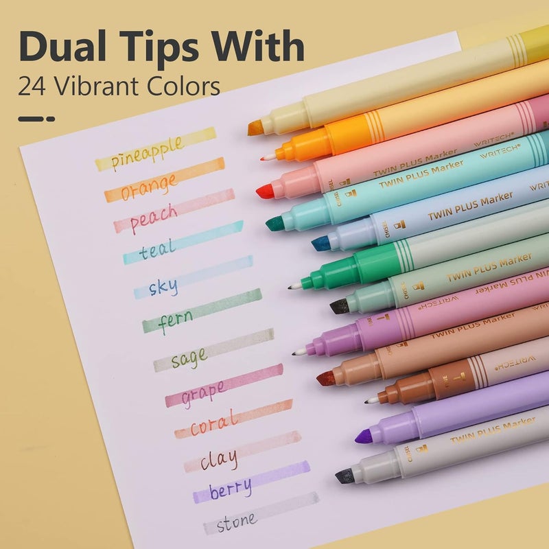 WRITECH Dual Tip Highlighter Markers: Aesthetic Fine & Chisel Tip Pastel Vintage Marker Multicolor Pens Pack No Bleed & Smear for Bible Highlighting Journaling, Assorted Colors 12ct - Image 4